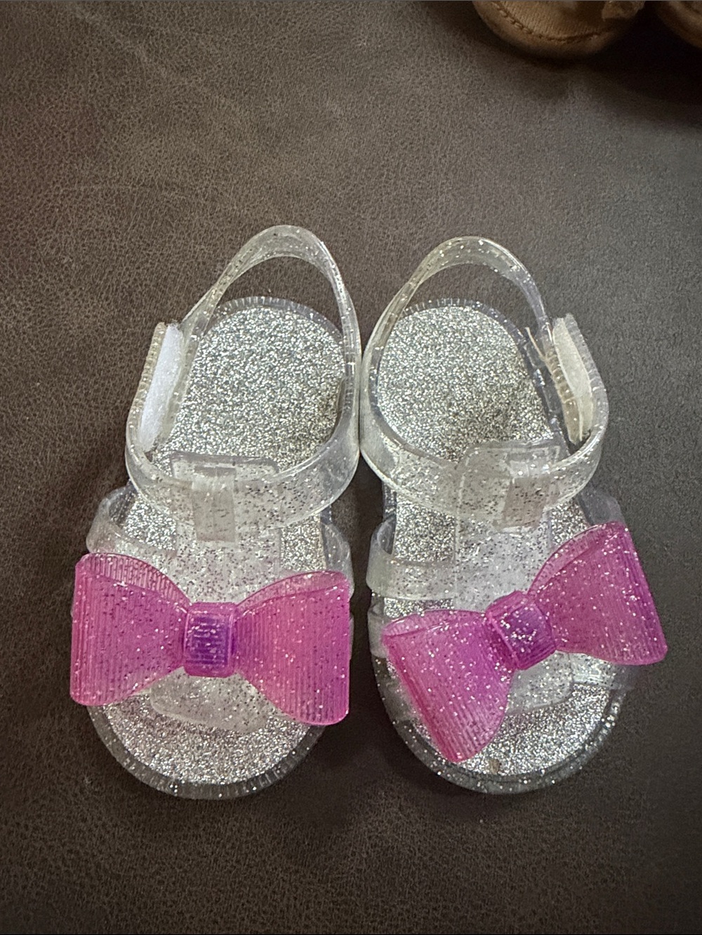 Sparkly silver and pink bow jelly shoes baby toddler girl size 2 Velcro strap